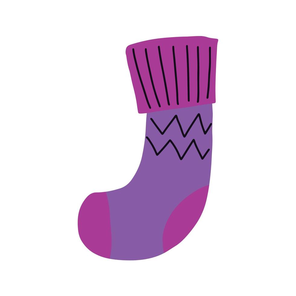 CChristmas warm sock cute hand drawn clip art element - decorative woolen thick sock drawing decorated with lines. Vector illustration isolated on white background