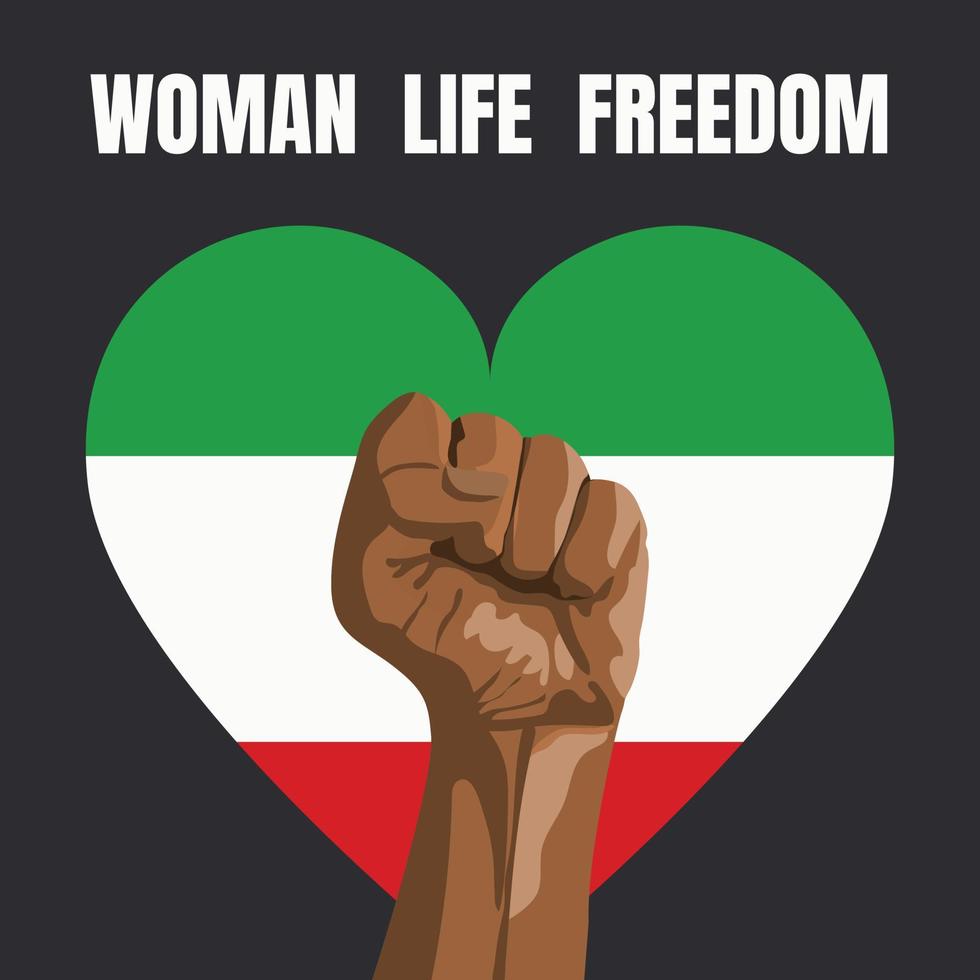 Woman Life Freedom - slogan for Iranian women protest. womans raised hand with clenched fist on heart in colors of Flag of Iran background vector