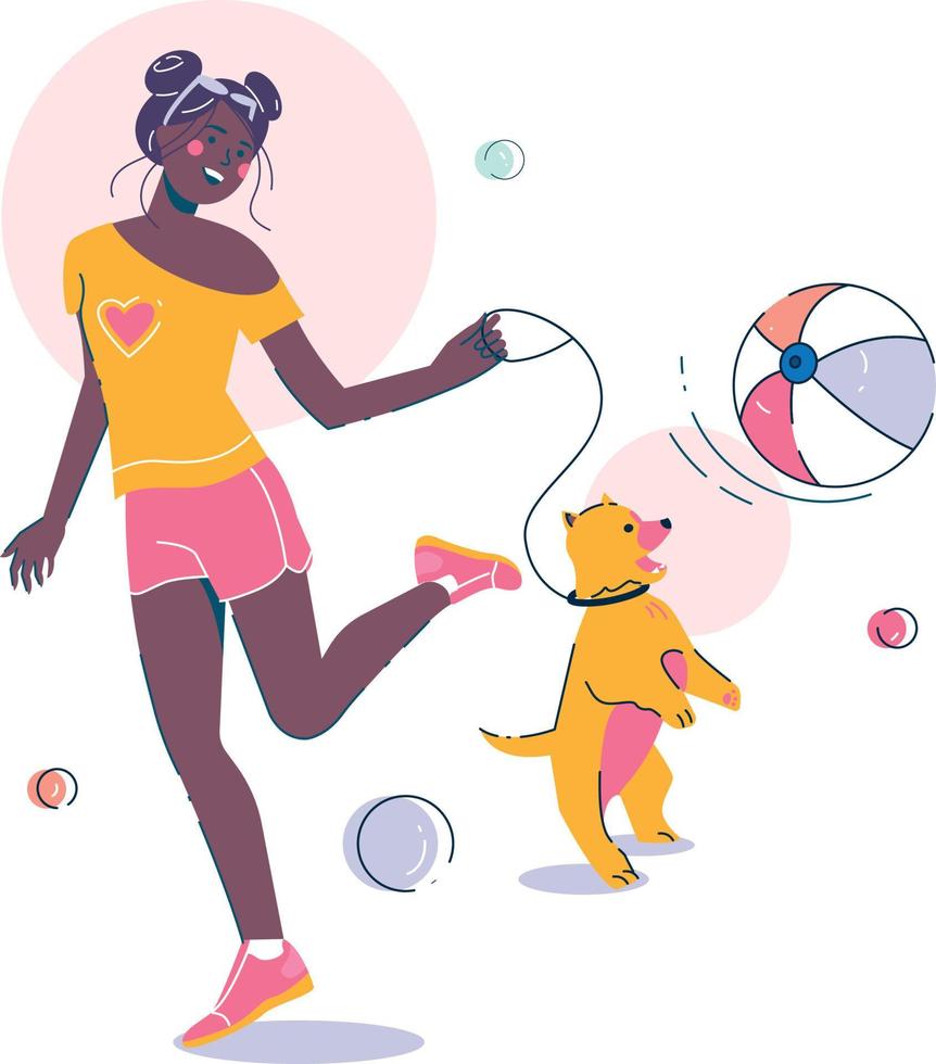 Summer holiday jumping woman with pet young dog vector