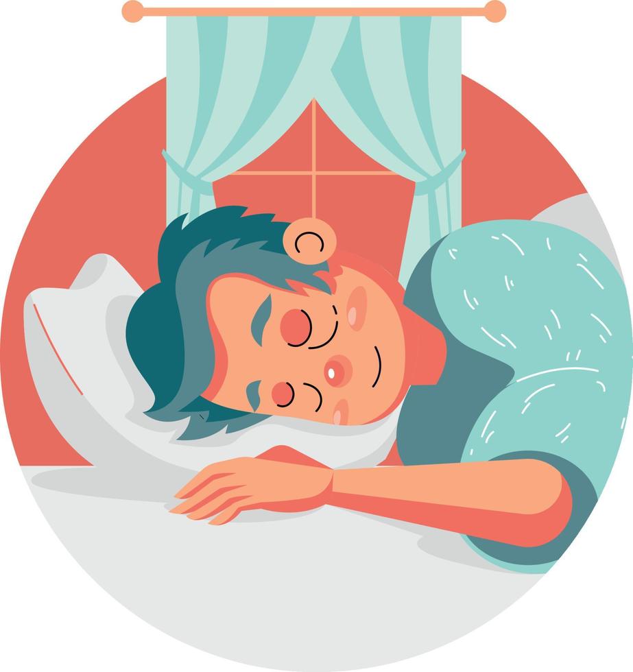 Man with cold sleeping in bed. Vector illustration