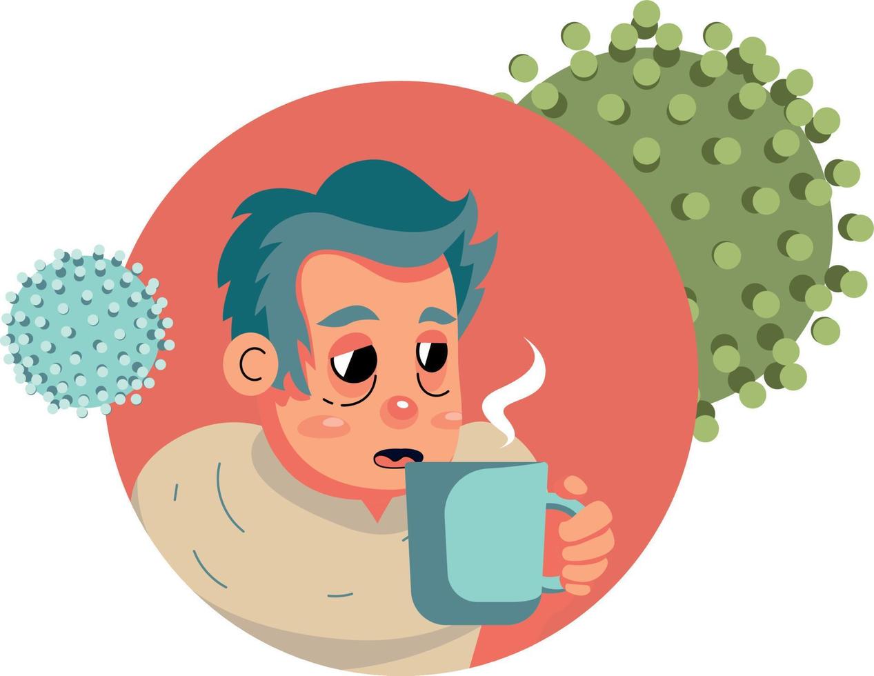 man with fever drinks medicine in a mug. Vector illustration