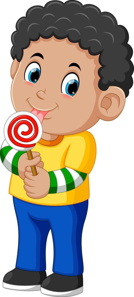 Curly boy licking a lollipop vector