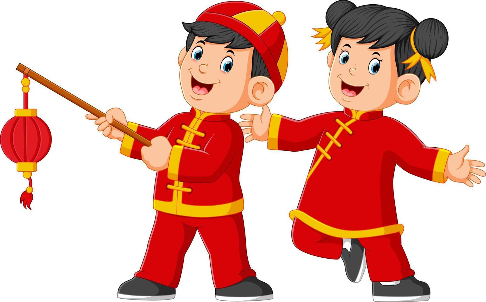 dos niños felices juegan y uno de ellos sostiene la linterna de papel china vector