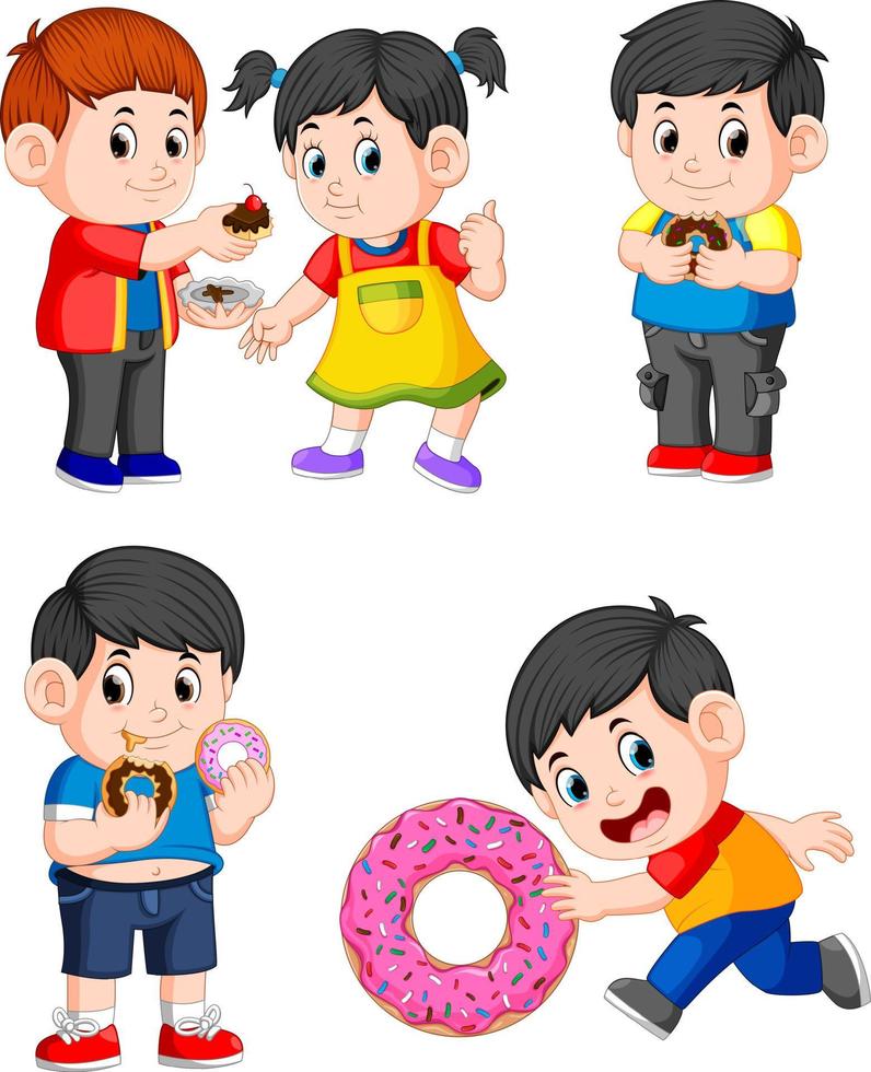 the collection of children eating the doughnut and the cake vector