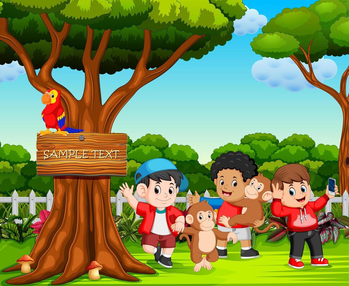 happy Kids and monkey playing in beautiful nature vector