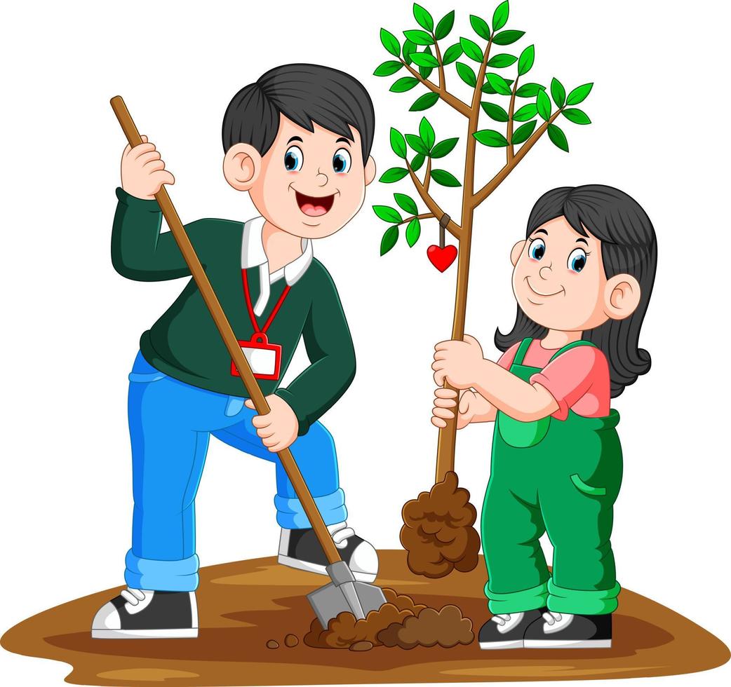 un joven padre y su hija plantando un árbol vector