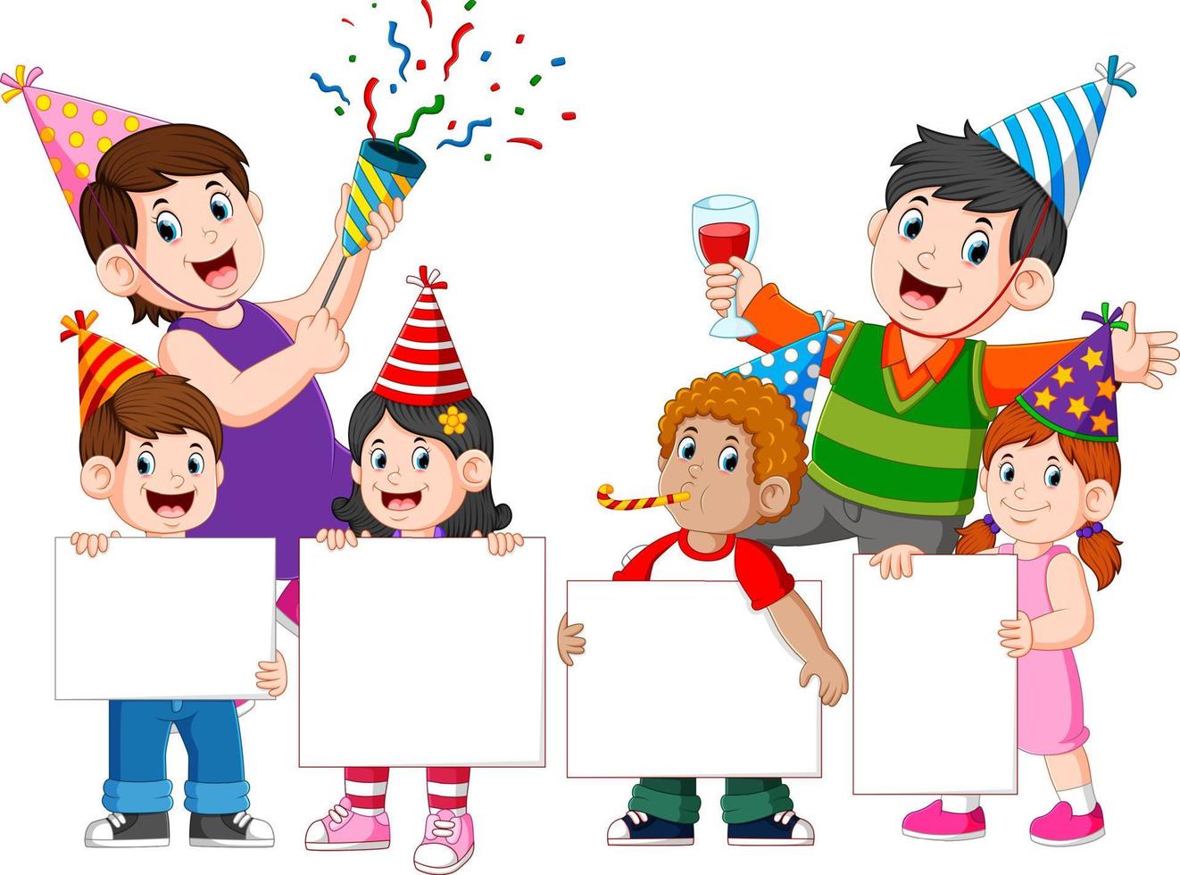 una familia feliz con sus hijos está celebrando el año nuevo con la fiesta vector