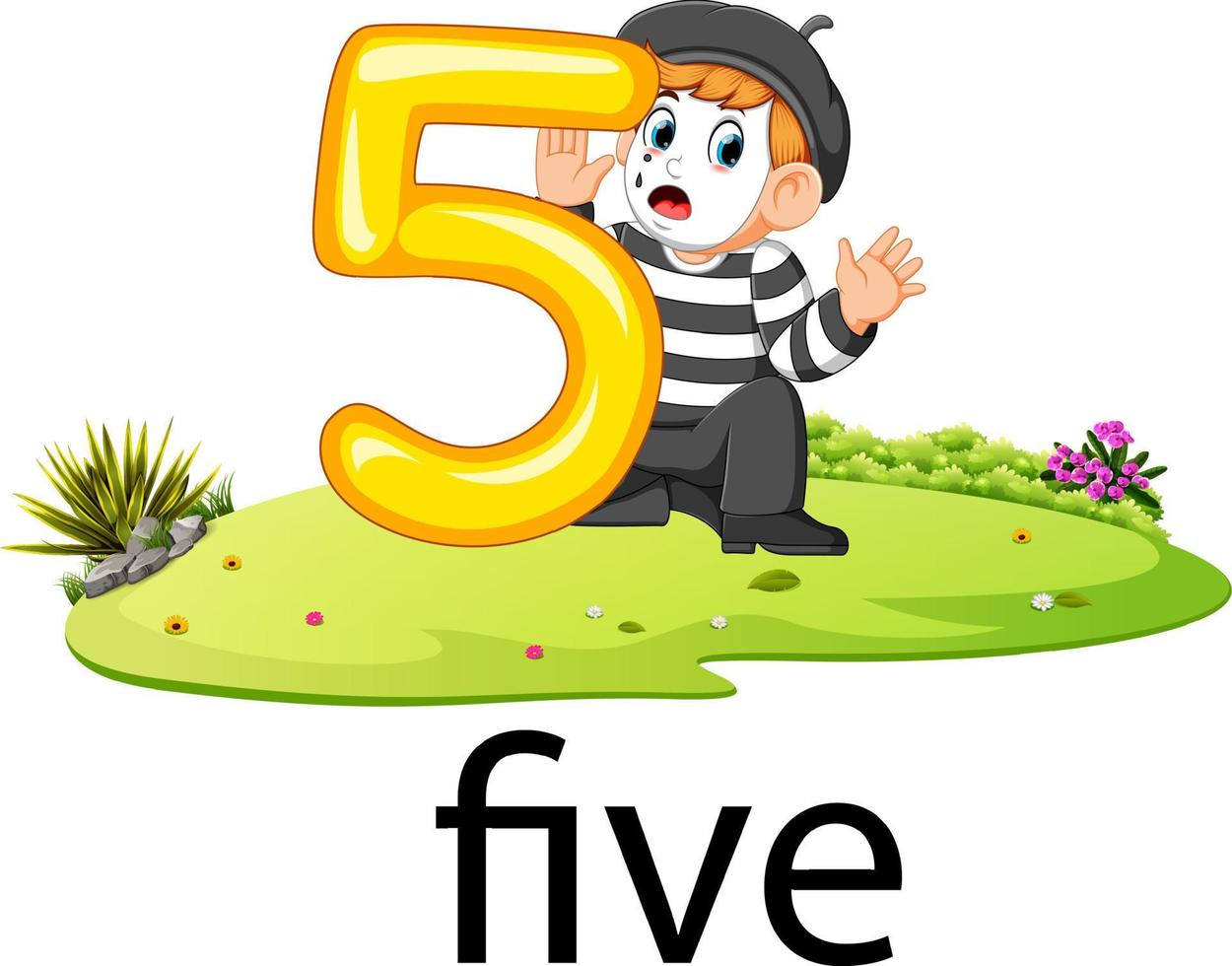 little pantomime boy holding the 0 balloon number and text on the grass vector
