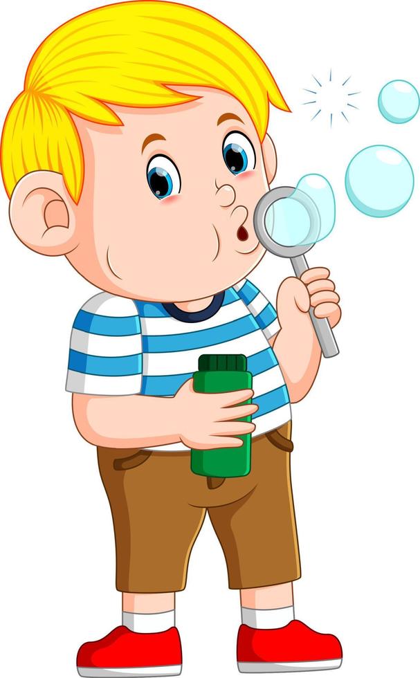 the cute boy is playing and blowing the bubble vector