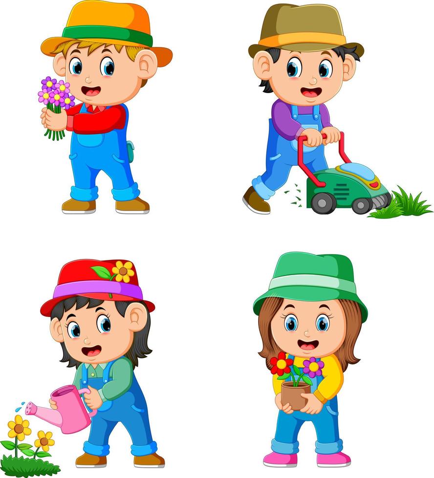 the collection of the children doing the garden activities vector