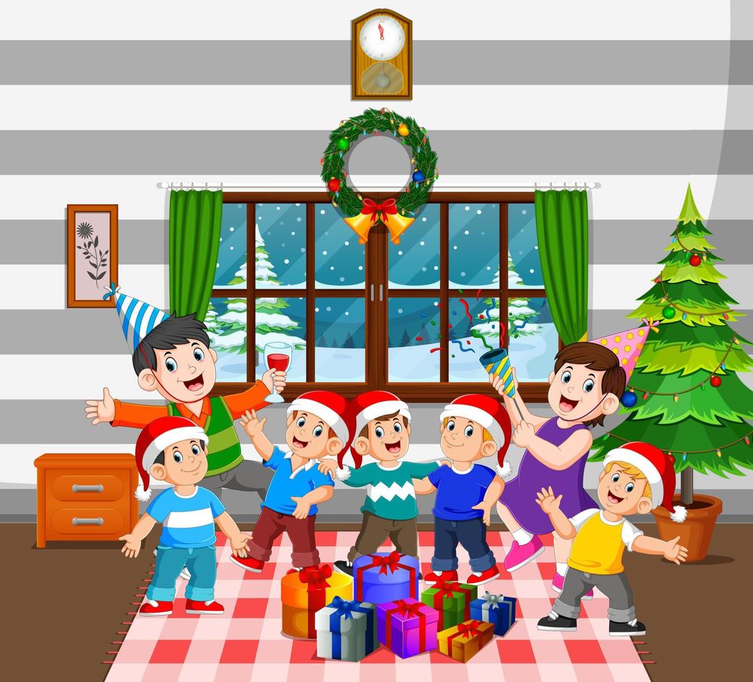 a happy family with a lot children are celebrating christmas in their house vector