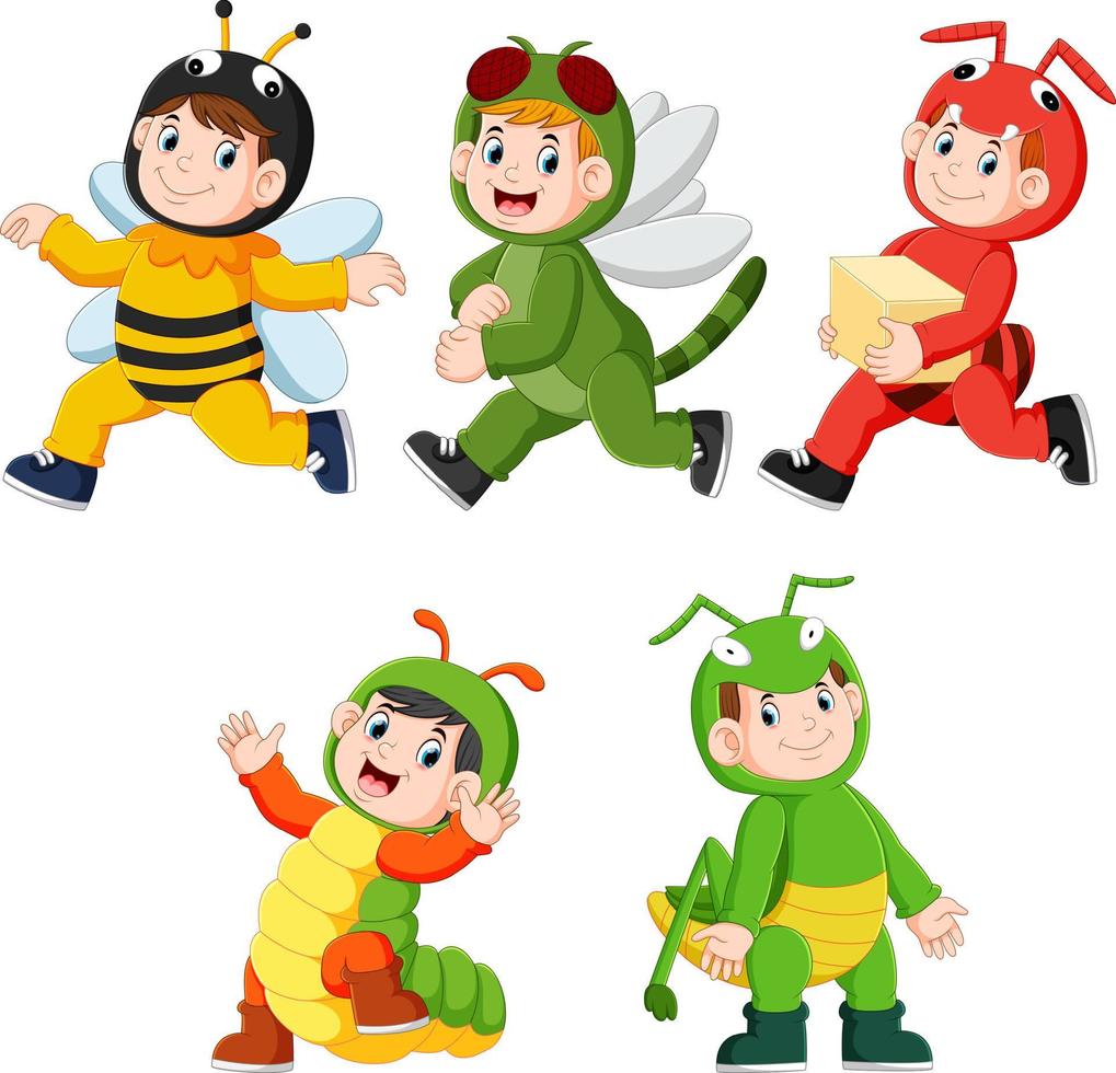 collection of children wearing cute insect animal costumes vector