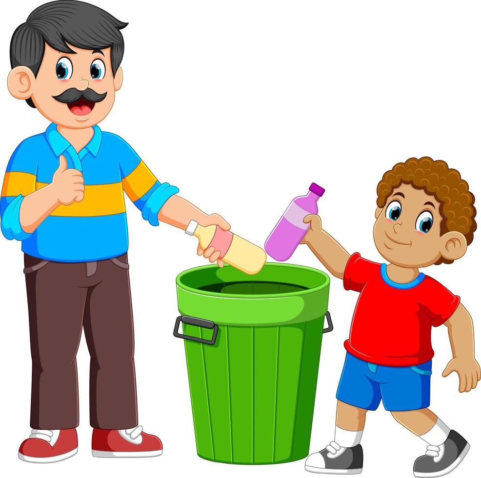 padre y su hijo recogiendo basura botella de plástico vector