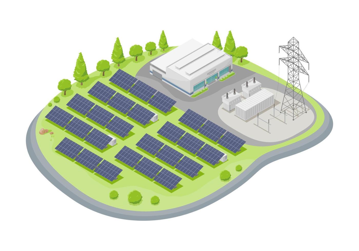 concepto de planta de energía de granja solar con celda solar energía verde ecología central eléctrica electricidad en la naturaleza vector isométrico aislado