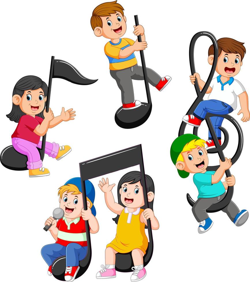 set collection of happy children riding music notes vector