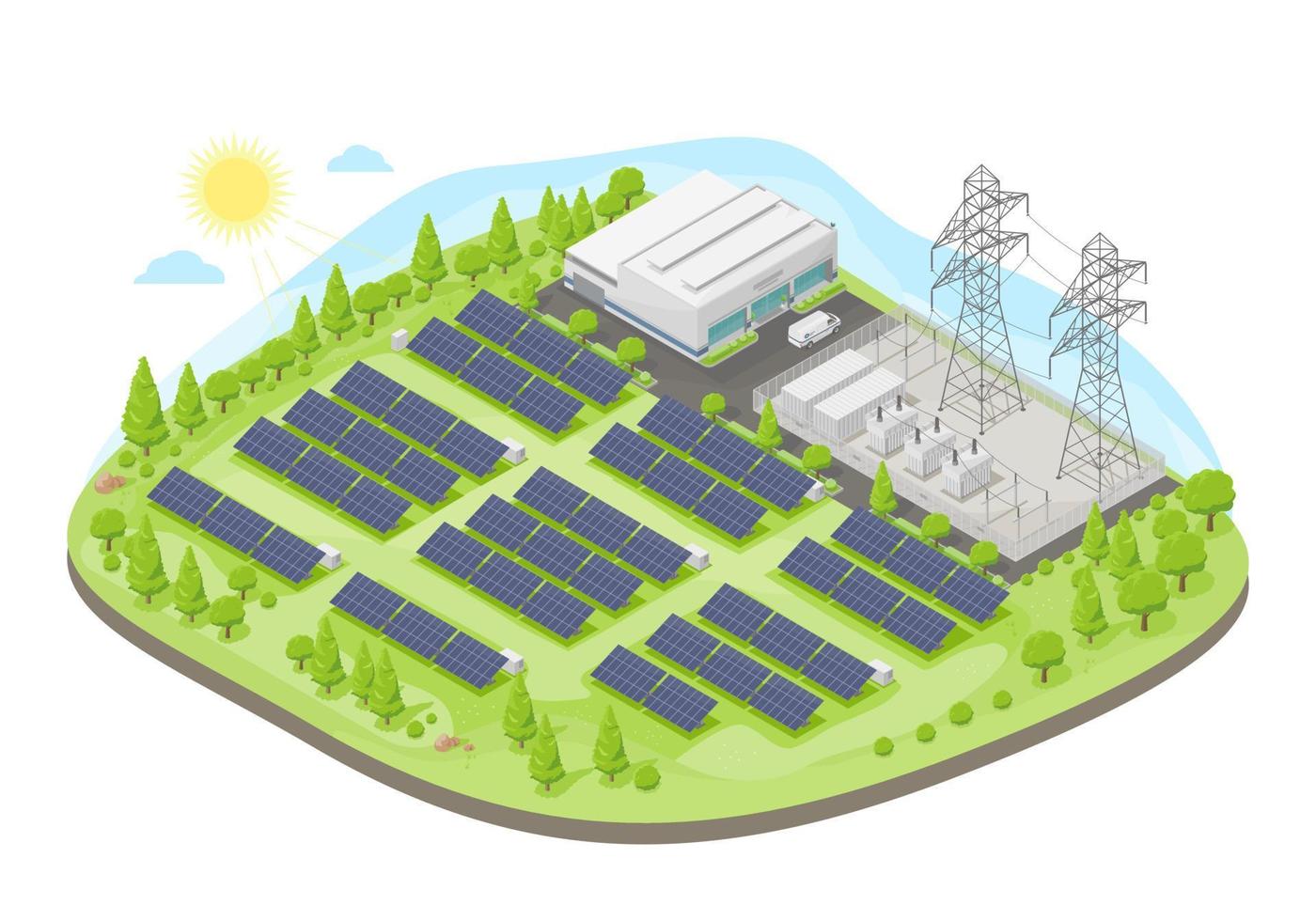 planta de energía de granja solar con celda solar energía verde ecología concepto de central eléctrica electricidad en la naturaleza vector isométrico aislado