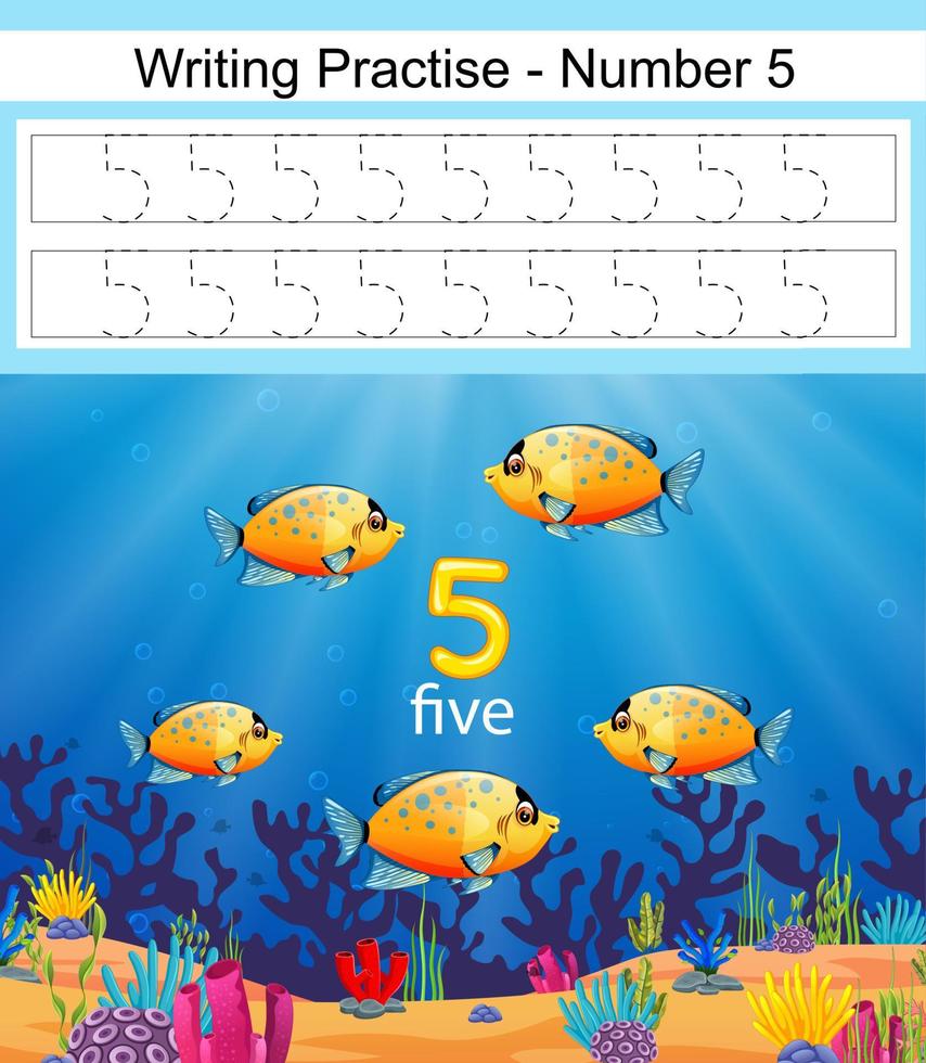 the writing practices number 5 with fish in deep blue sea vector