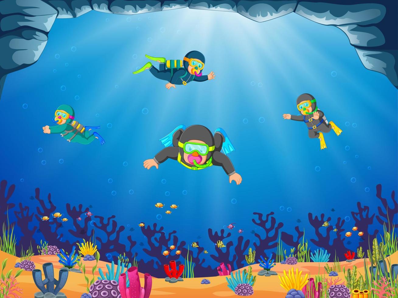 un grupo de buceadores profesionales bucean bajo el mar azul vector