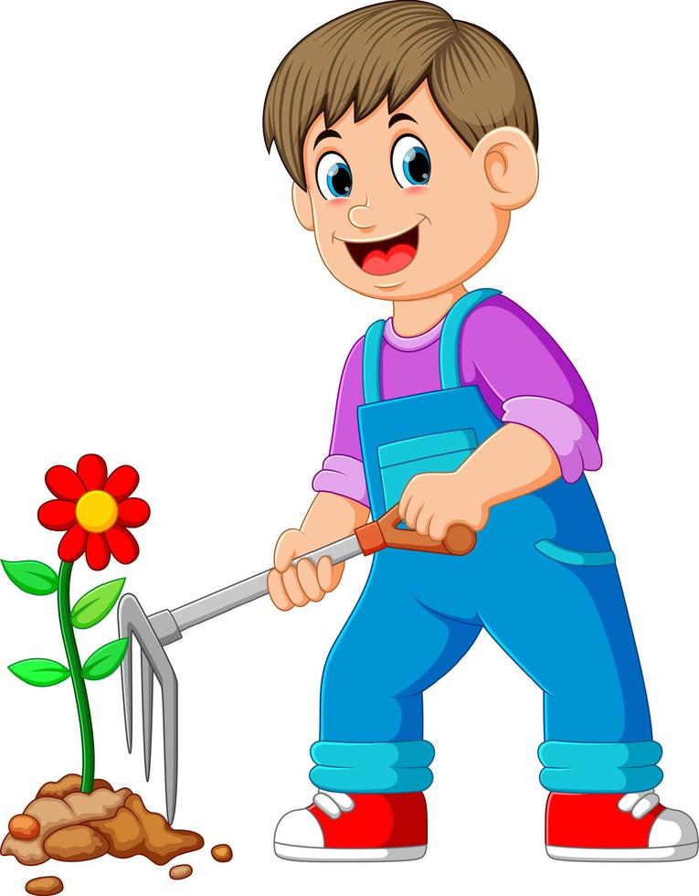 Young man taking care of plants and using the rake vector