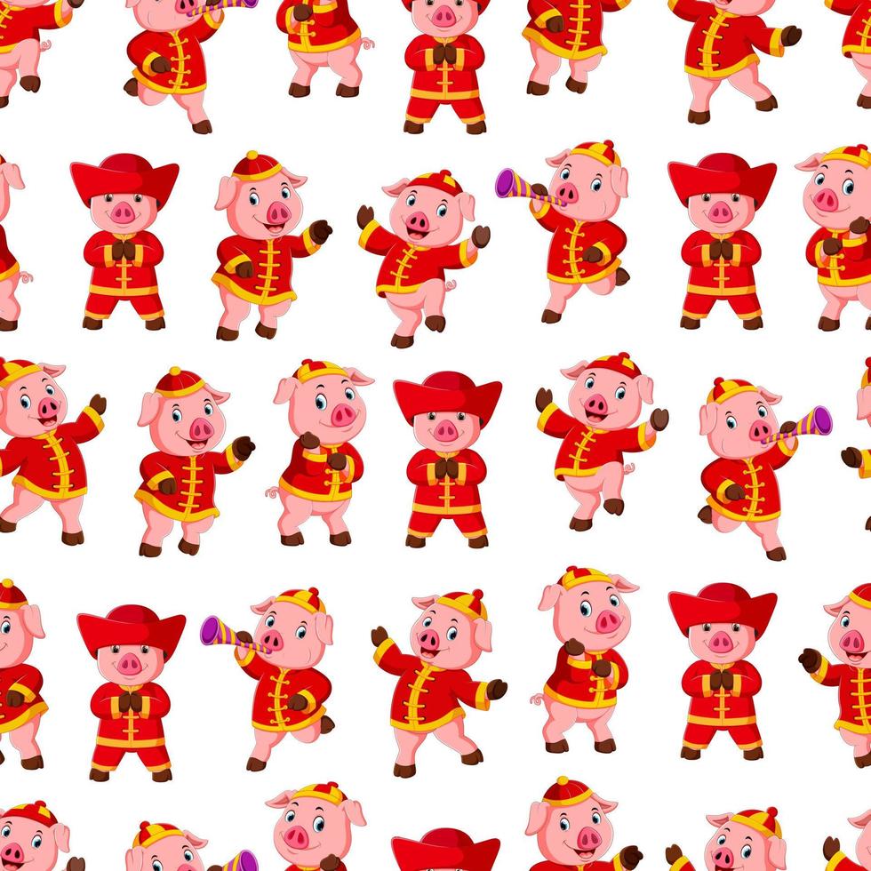 Seamless pattern with little pink pigs wearing chinese costume vector