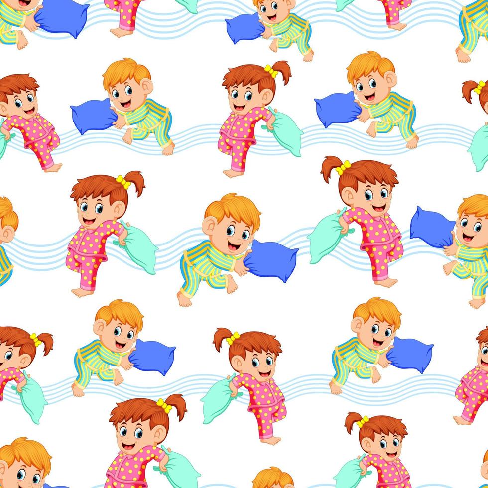 Seamless pattern with two happy children is fighting a pillows vector