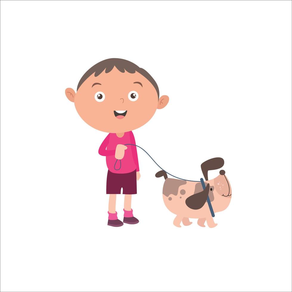 ilustración vectorial actividad gráfica de niño, caminando con perro labrador en el parque. aislado sobre fondo blanco vector