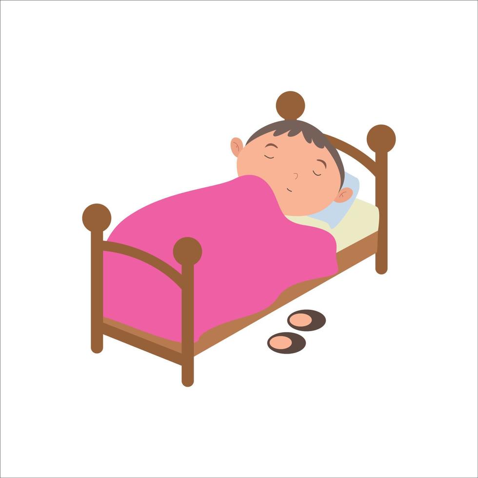 ilustración, vector, gráfico, niño, actividad, tomar una siesta, en, comodidad, cama, aislado, blanco, plano de fondo vector