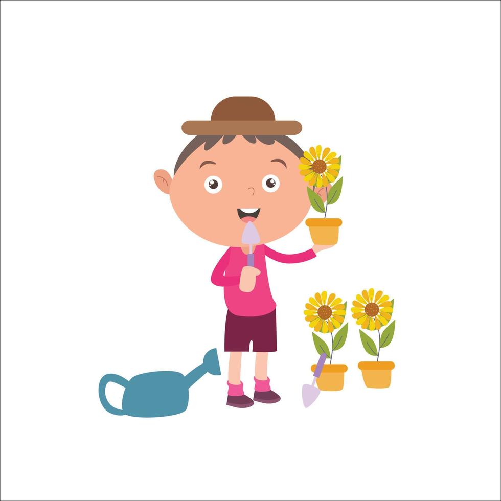 illustration vector graphic boy activity, watering plants in the garden. isolated on white background