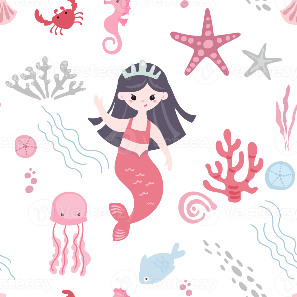 cute mermaid girls and undersea animals, cartoon style childish seamless pattern png