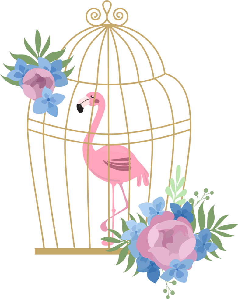 flamingo in a birdcage decorated with flowers, tropical flat style illustration png