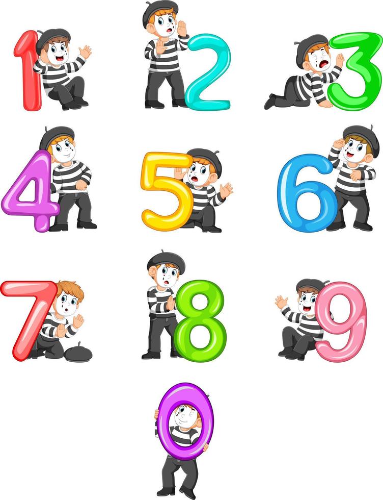 the collection of the little pantomime boy with the 0 - 9 balloon number with the different posing vector