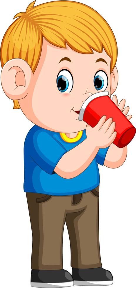 young boy drinking with paper cup vector