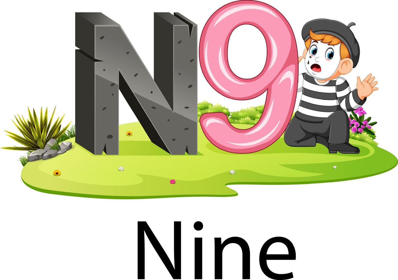 cute number alphabet N for nine with the pantomime vector