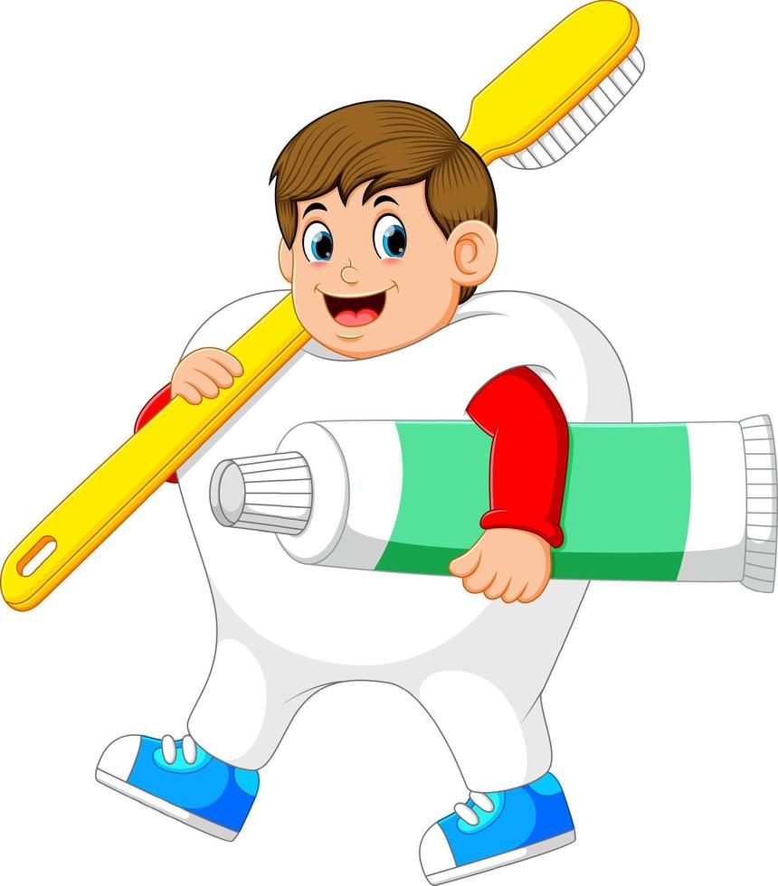 A man walking and wearing tooth costume with carrying big toothbrush and big toothpaste vector