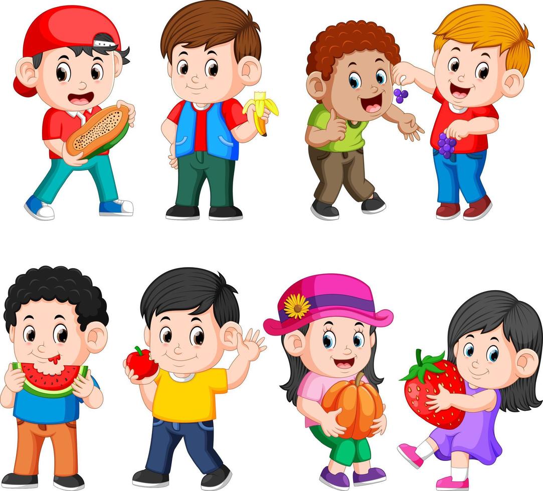 a collection of the children holding and eating their fruits vector
