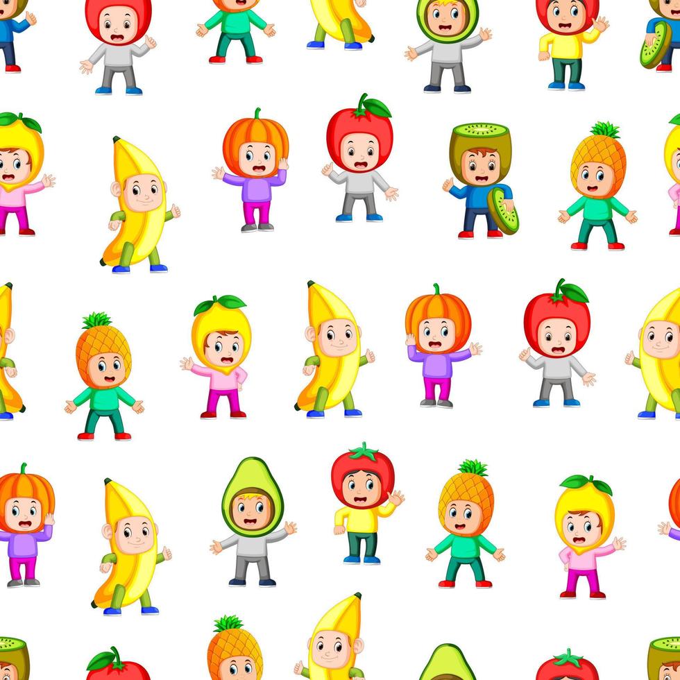 Seamless pattern with children using the healthy fruit costume vector