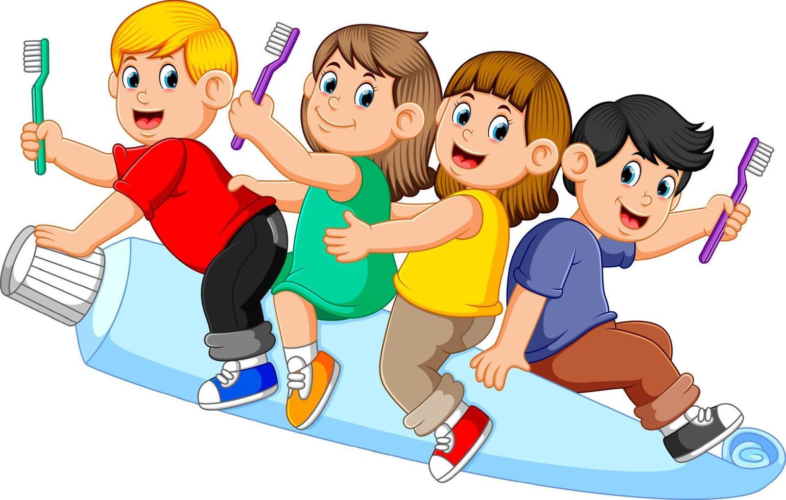 kids riding big tooth paste and holding tooth brush vector