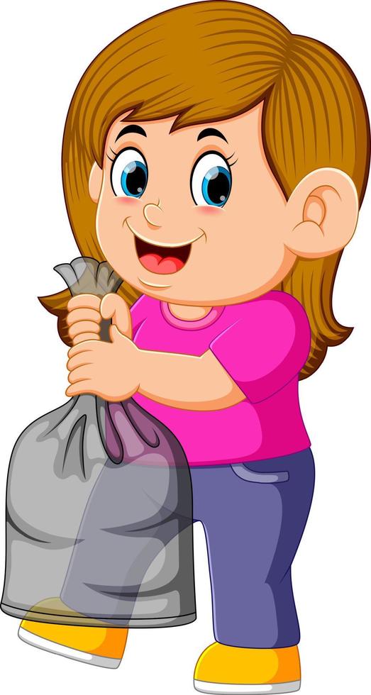 mujer joven feliz sosteniendo una bolsa de basura vector