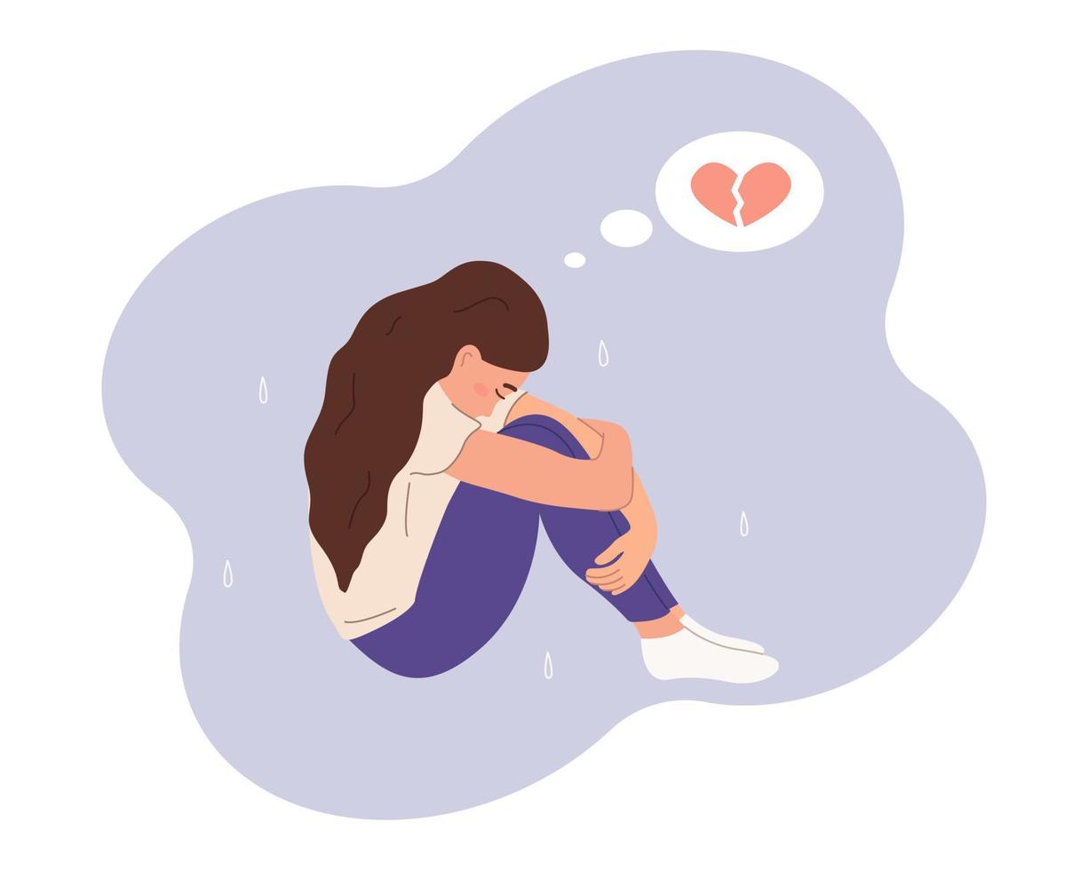 el concepto de amor no correspondido, el corazón roto de un adolescente. la chica triste está sentada abrazando sus rodillas. ilustración plana vectorial vector