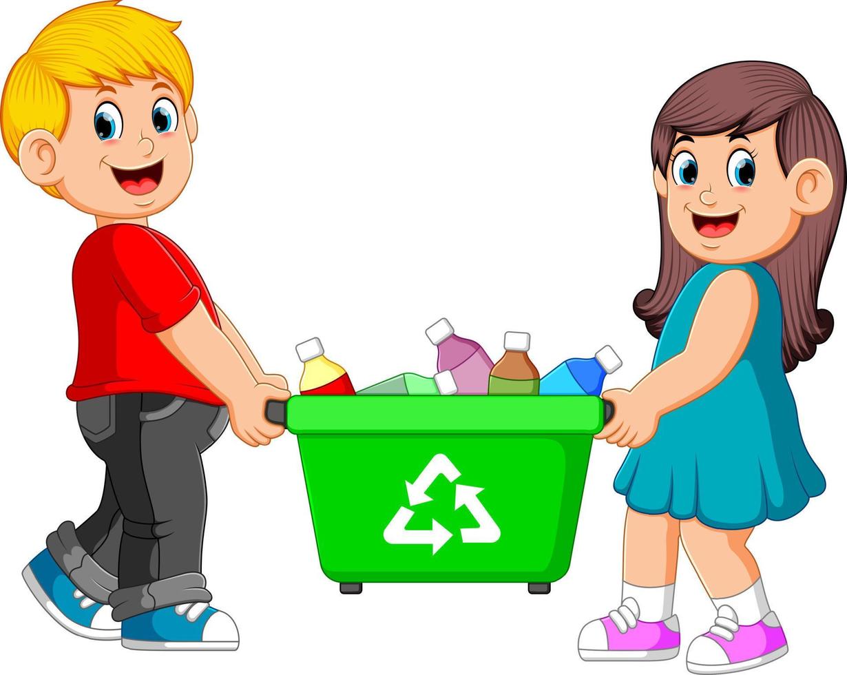 dos niños llevan papelera de reciclaje vector