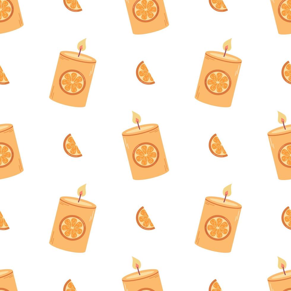 Orange aromatic candles, vector seamless pattern on white background