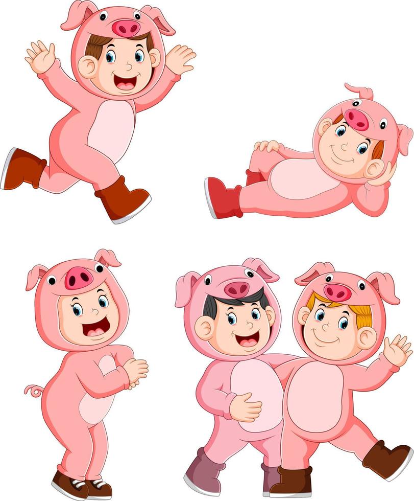 collection children wearing cute pig animal costumes vector