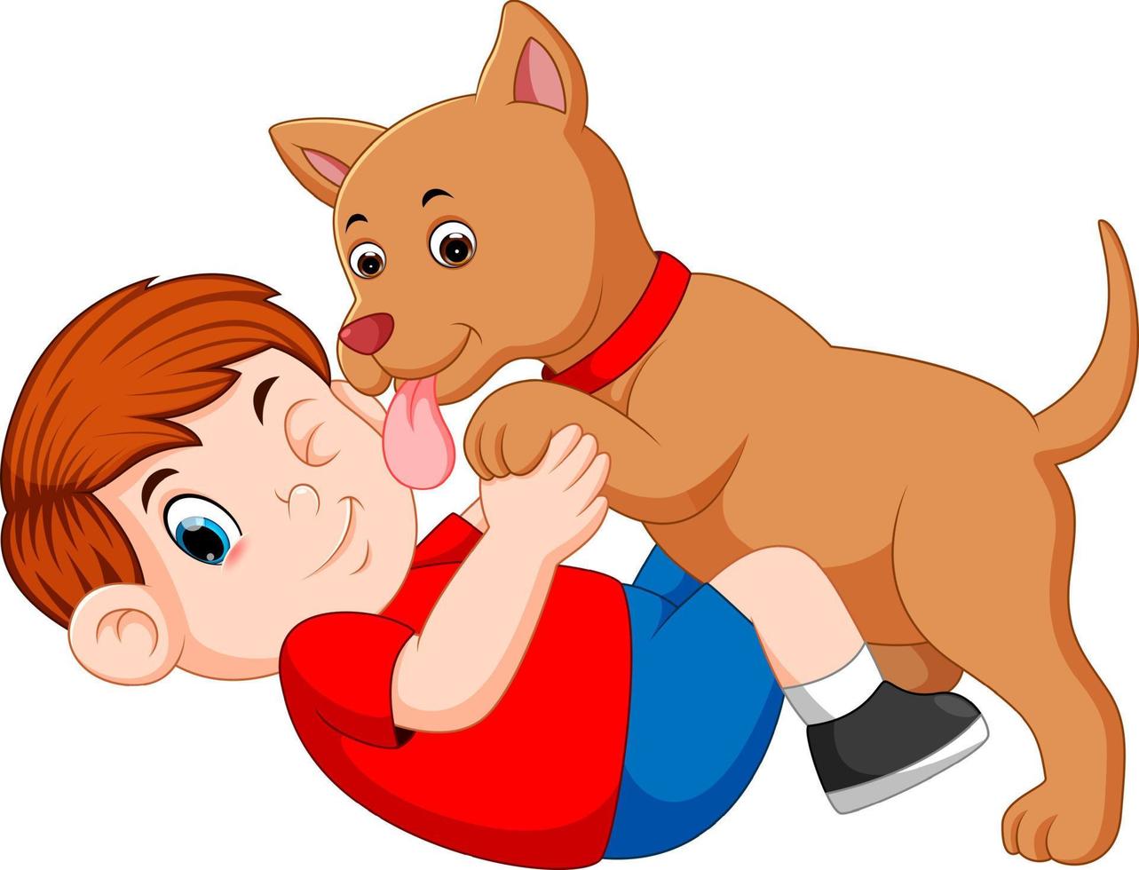 niño jugando con perro y perro lamiendo la cara de su dueño vector