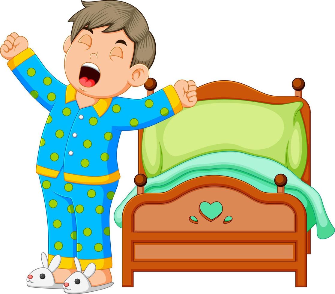 A boy wake up and stretching in morning vector