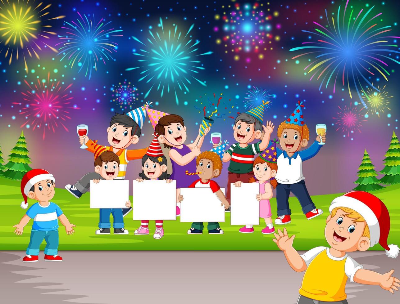 a happy family with the children holding the new year board celebrating new year vector