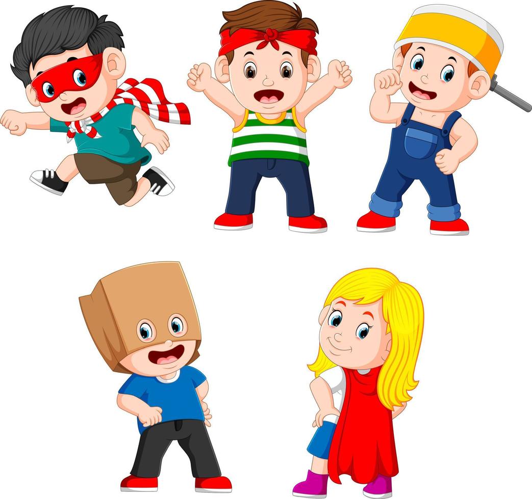 the collection of the children posing like the super heroes vector