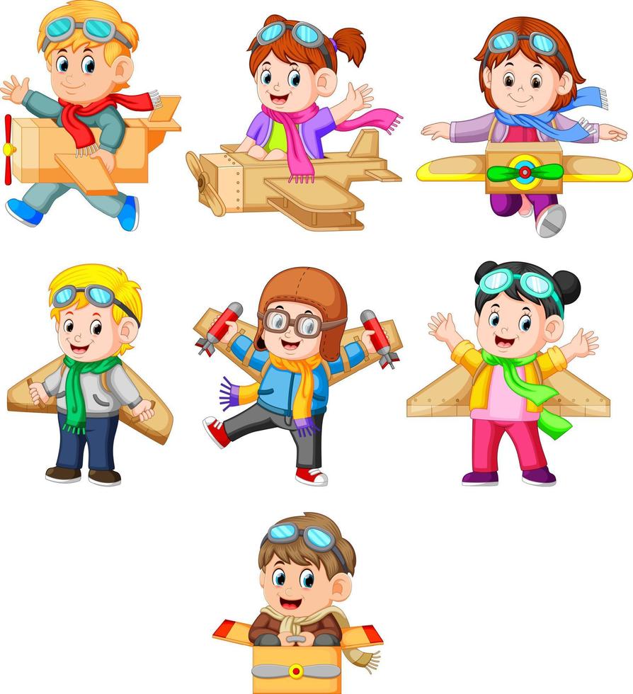 una colección de niños jugando con el avión de cartón vector