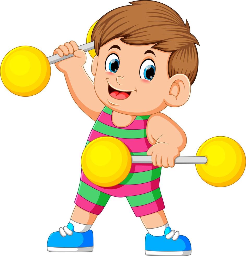 the boy playing and holding up the yellow barbells vector