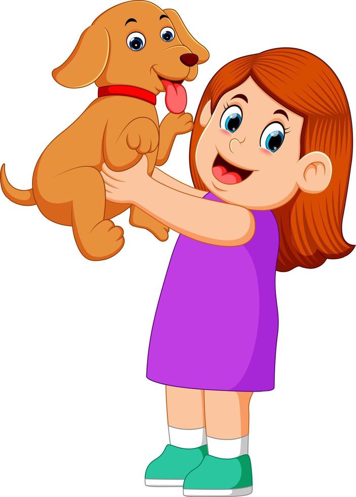 a little girl is holding up her new brown puppy with the happy face vector