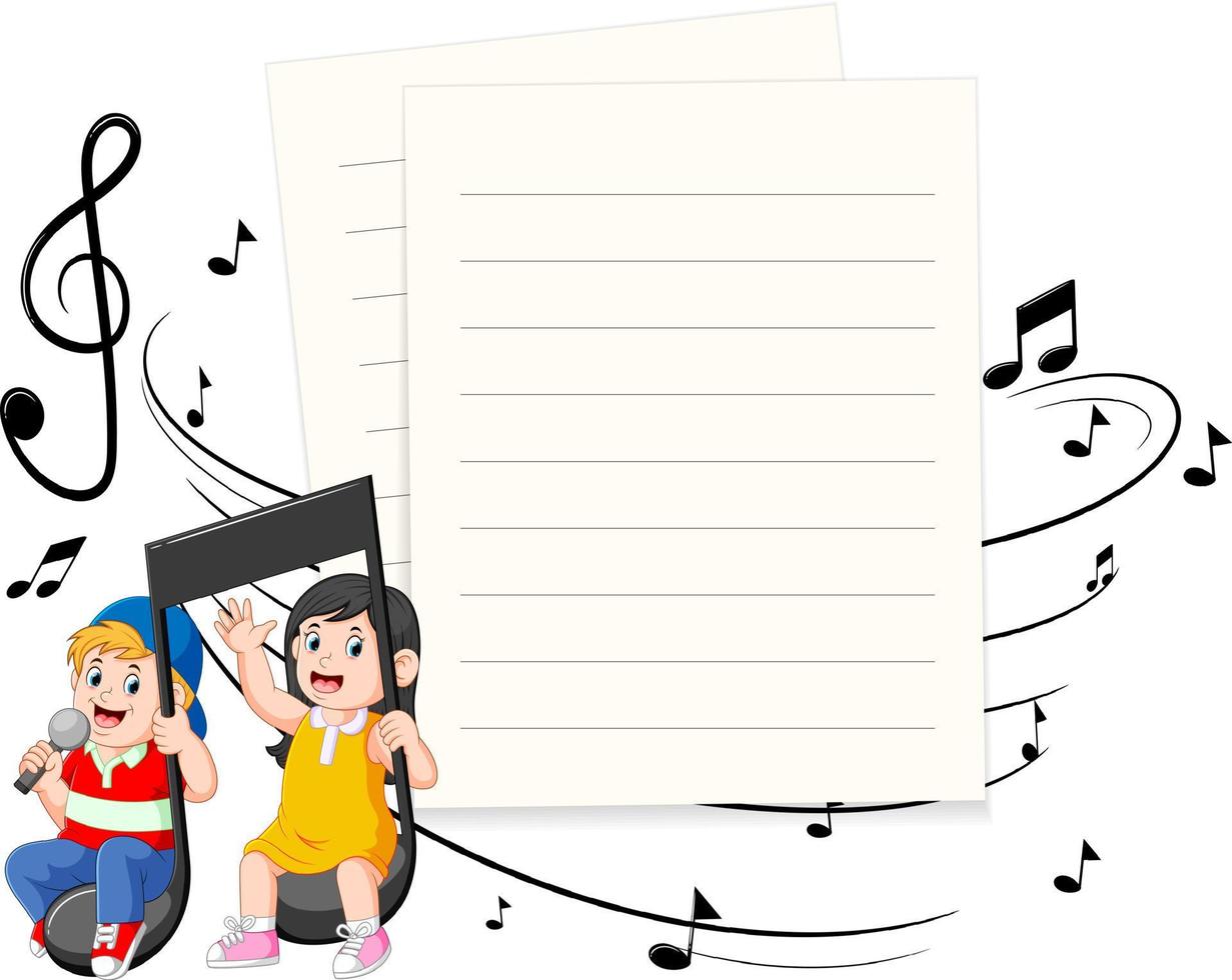 Boy and girl riding music notes with paper blank background vector